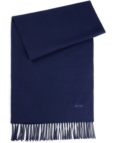 BOSS Pure-wool Scarf With Embroidered Logo And Fringing - Blue