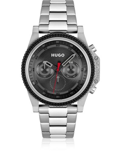 HUGO Uhr mit Gliederarmband, Silikonlünette und schwarzem Zifferblatt