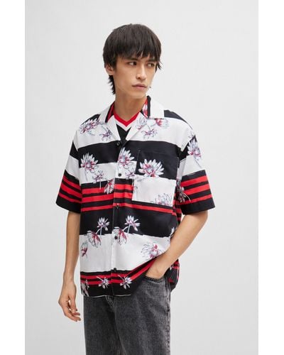 HUGO Oversize-fit Shirt In Seasonal-print Cotton Poplin - Red