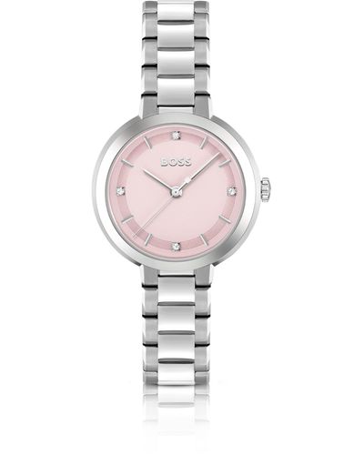 BOSS Uhr mit Gliederarmband und rosafarbenem Zifferblatt mit Kristallen - Weiß