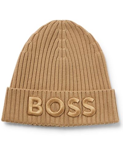BOSS Logo-embroidered Rib-knit Beanie Hat In Virgin Wool - Natural