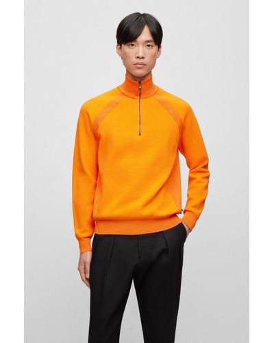 BOSS Cotton Zip-neck Sweater With Color-blocking - Orange
