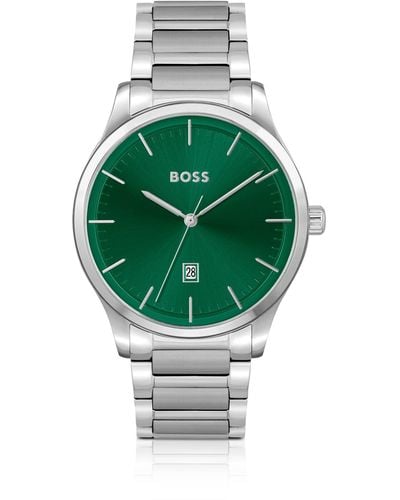 BOSS Green-dial Watch With Silver-tone Link Bracelet