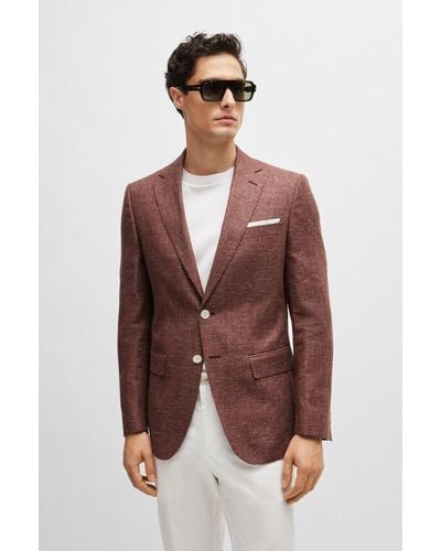 BOSS Slim-fit Jacket In Patterned Virgin Wool And Linen - Brown