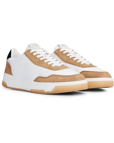 BOSS Branded Lace-up Trainers In Leather And Nubuck - White