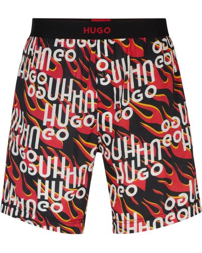 HUGO Pyjama-Shorts aus Baumwolle mit durchgehendem Logo-Print - Rot