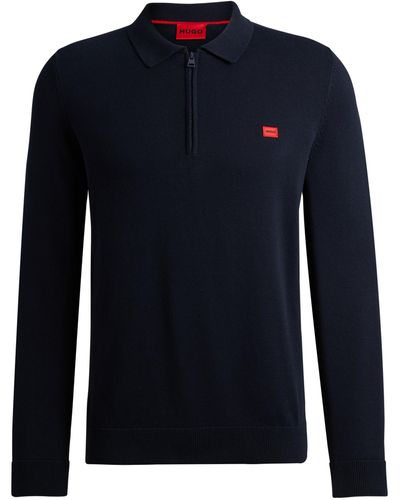 HUGO Pullover aus Baumwolle mit Reißverschluss am Kragen und rotem Logo-Label - Blau