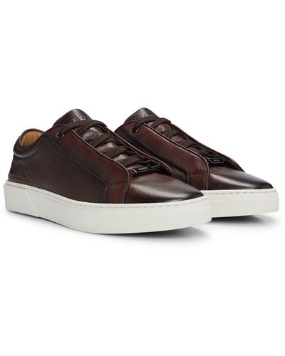 BOSS Gary Grained-leather Low-top Sneakers With Branded Metal Lace Loop - Brown