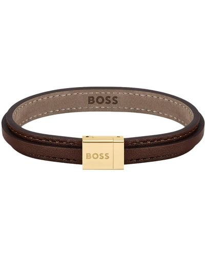 BOSS Brown-leather Layered Cuff With Branded Closure