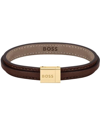 BOSS Double-layered Leather Cuff With Logo-detail Closure: Medium - Brown