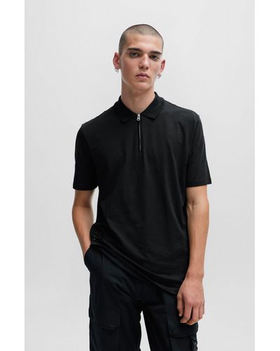 HUGO Cotton-blend Polo Shirt With Zip Placket - Black