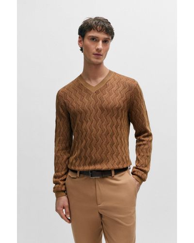 BOSS Aran-knit Jumper In Two-tone Silk - Brown