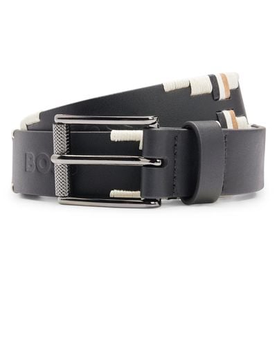 BOSS by HUGO BOSS Equestrian Leather Belt With Hand-embroidered Signature Stripes - Black