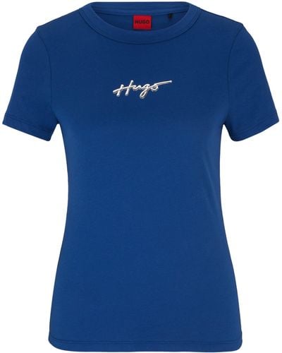 HUGO T-shirt Van Katoenen Jersey Met Handgeschreven Logo In Metallic-look - Blauw