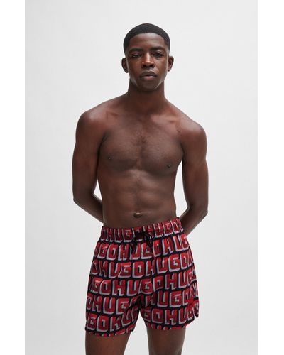 HUGO Quick-dry Swim Shorts With All-over Logo Print - Red