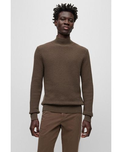 BOSS Mock-neck Jumper In Structured Cotton And Virgin Wool - Brown