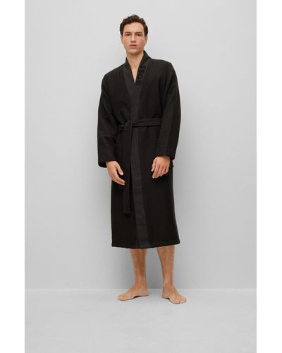 BOSS Waffle-piqué Dressing Gown With Logo-embroidered Collar - Black