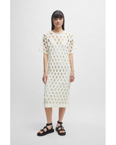 BOSS Open-structured Dress With Inner Slip And Short Sleeves - White