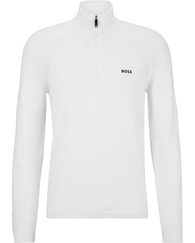 BOSS Pullover aus Baumwoll-Mix mit Troyerkragen und Logo-Detail - Weiß