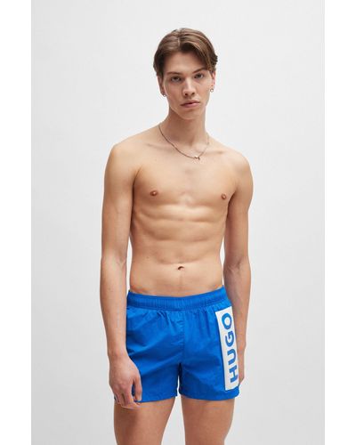 HUGO Partially Lined Quick-dry Swim Shorts With Vertical Logo - Blue
