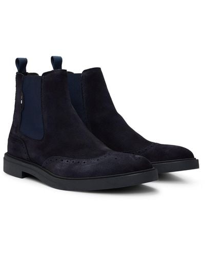 BOSS Suede Chelsea Boots With Brogue Details - Blue