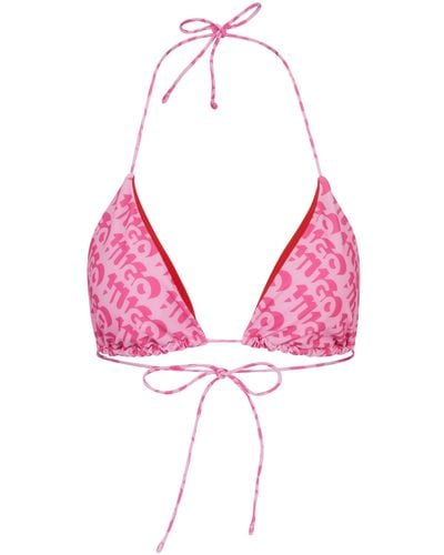 HUGO Triangle Bikini Top With Repeat Logo Print - Pink