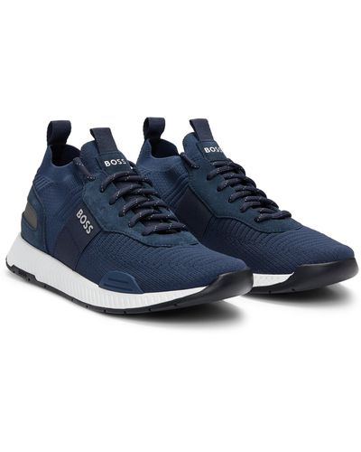 BOSS Titanium_runn Structured-knit Sock Sneakers With Branding Nos - Blue