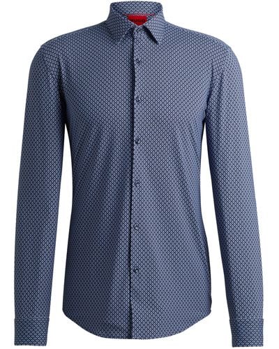 HUGO Bedrucktes Slim-Fit Hemd aus funktionalem Stretch-Gewebe - Blau