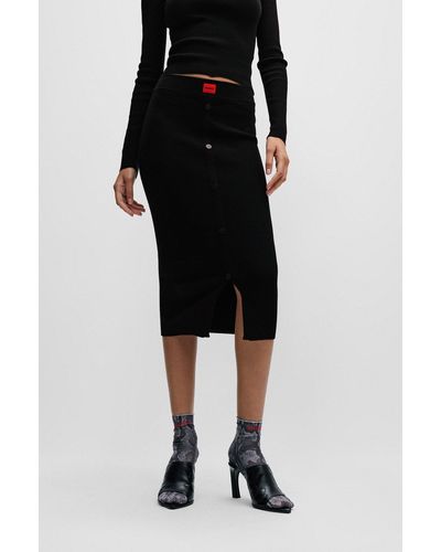 HUGO Ribbed-knit Midi Skirt With Button Front - Black