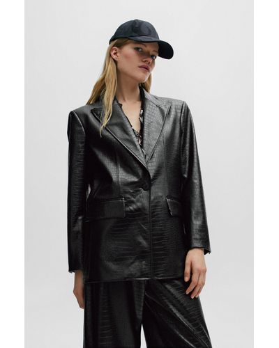 HUGO Oversize-fit Jacket In Faux Leather With Snake Print - Black