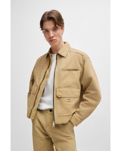 HUGO Slim-fit Jacket In Cotton Canvas With Logo Label - Natural
