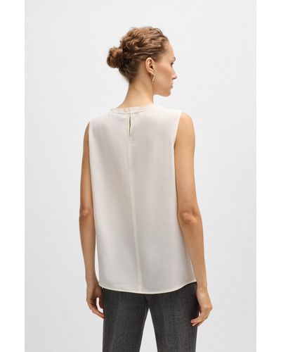BOSS Pleat-front Sleeveless Blouse In Washed Silk - White