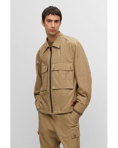 HUGO Regular-fit Jacket In Ripstop Cotton With Signature Label - Natural