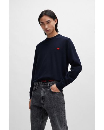 HUGO Knitted Cotton Jumper With Red Logo Label - Blue