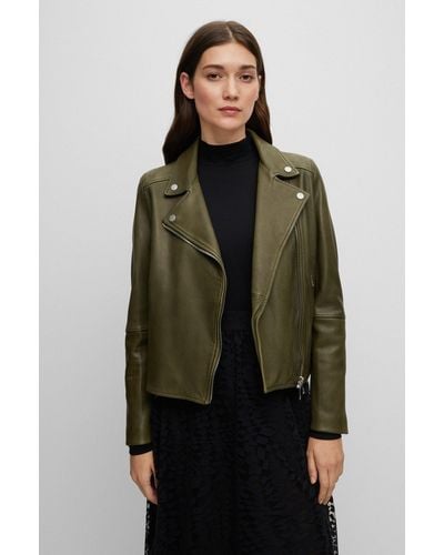BOSS Slim-fit Leather Jacket With Asymmetric Front Zip - Green