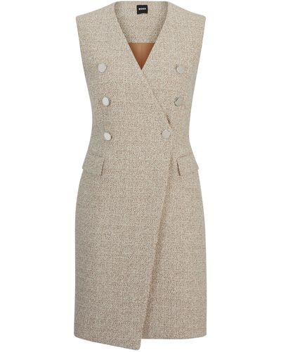 BOSS Double-breasted Sleeveless Dress In Two-tone Tweed - Natural