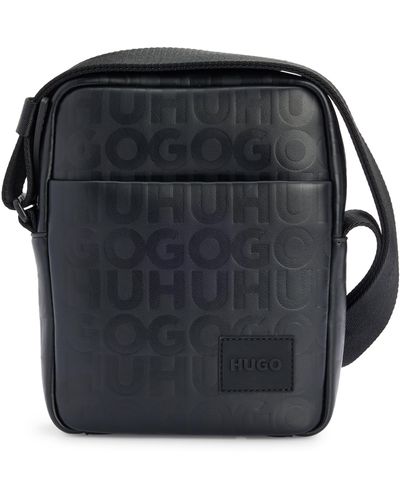 HUGO Reporter Bag In Faux Leather With Repeat-logo Motif - Black