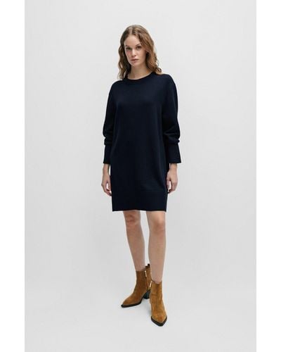 BOSS Oversized Knitted Dress In Cotton And Virgin Wool - Blue
