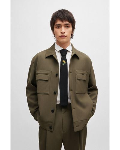 HUGO Button-up Jacket In A Stretch-wool Blend - Green