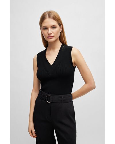 BOSS Sleeveless Knitted Top With Cut-out Details - Black