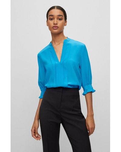 BOSS Regular-fit Blouse In Pure Silk With Pleat Front - Blue