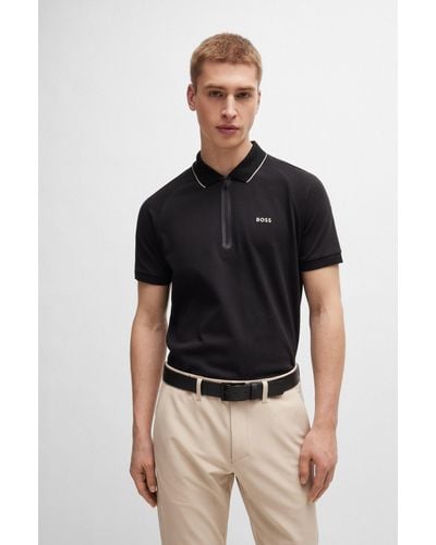 BOSS Structured-cotton Polo Shirt With Contrast Logo - Black