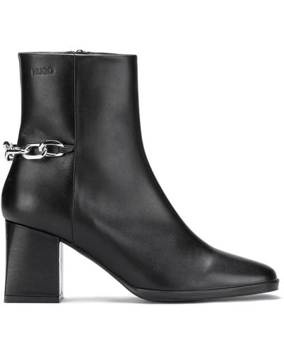 HUGO Ankle Boots In Italian Leather With Chain Trim - Black