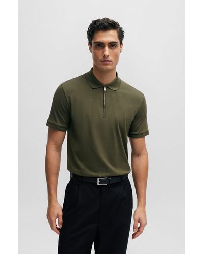 BOSS Structured-cotton Slim-fit Polo Shirt With Zip Placket - Green