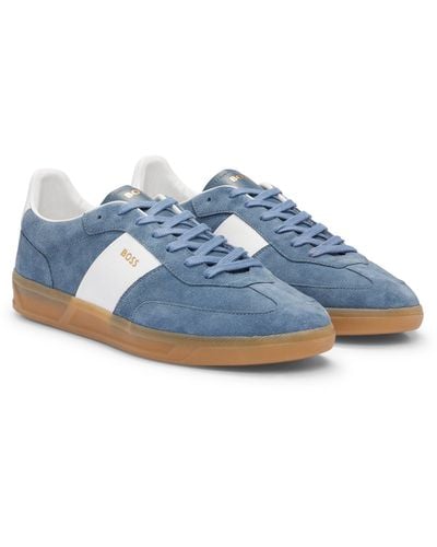 BOSS Suede-leather Lace-up Trainers With Branding - Blue