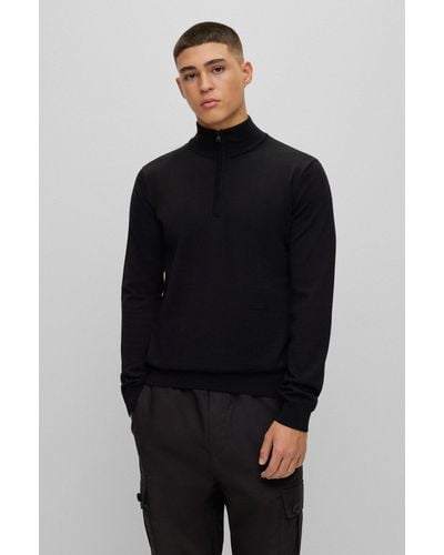 HUGO Zip-neck Regular-fit Sweater In Virgin Wool - Black