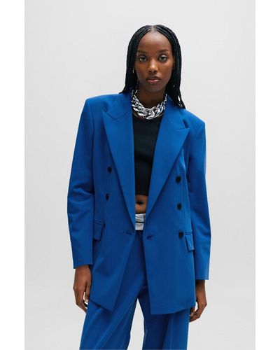 HUGO Relaxed-fit Double-breasted Jacket In Stretch Fabric - Blue