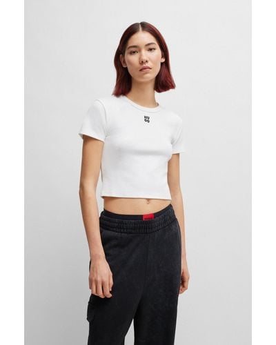 HUGO Cotton-blend Cropped Slim-fit T-shirt With Stacked Logo - White