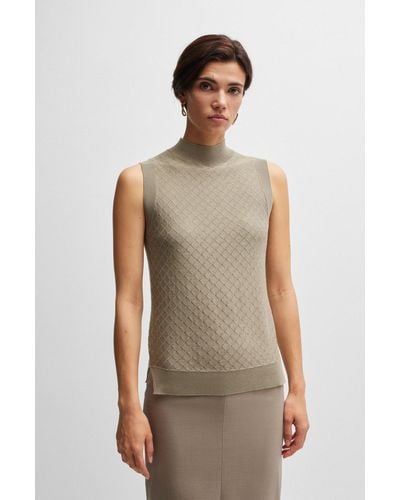 BOSS Sleeveless Rollneck Top In Silk And Cotton - Natural