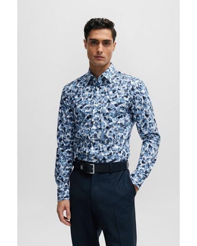 BOSS Slim-fit Shirt In Floral-print Stretch Cotton - Blue